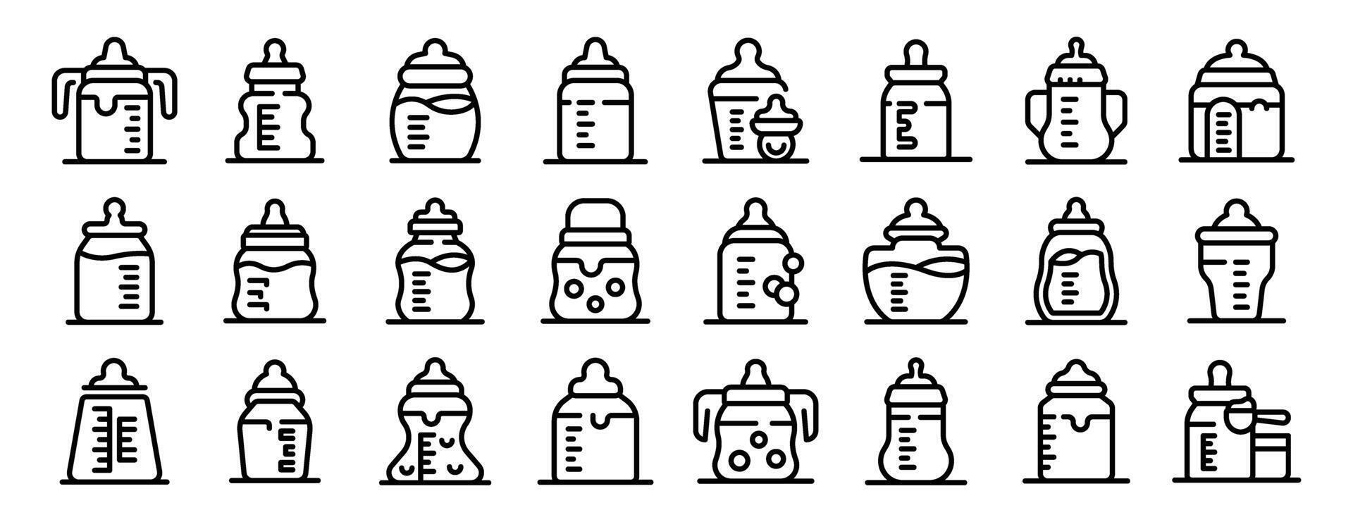 Feeding bottle icons set outline . Newborn pacifier vector