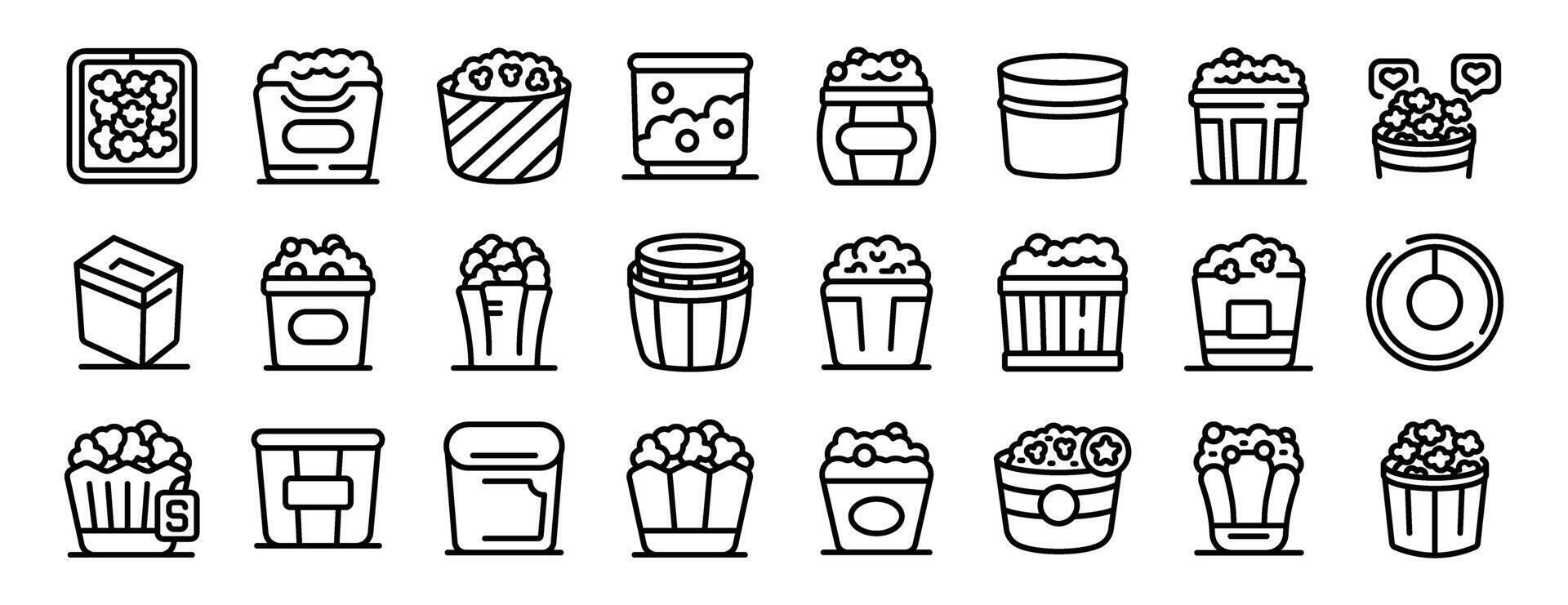 Bucket popcorn icons set outline . Snack watching tv vector