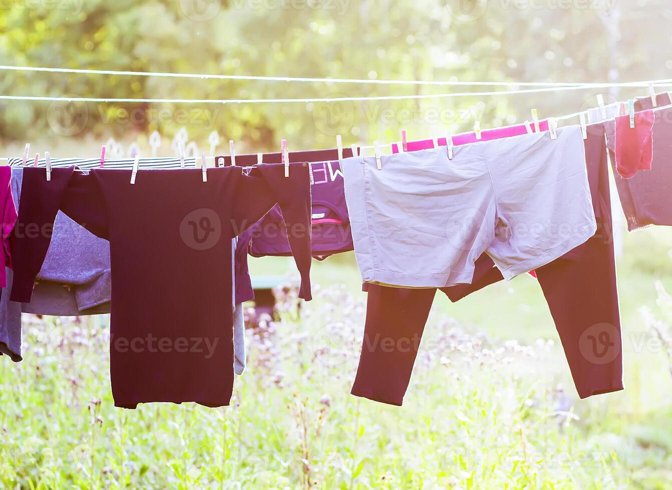 Washed laundry hanging on a clothesline outdoors photo