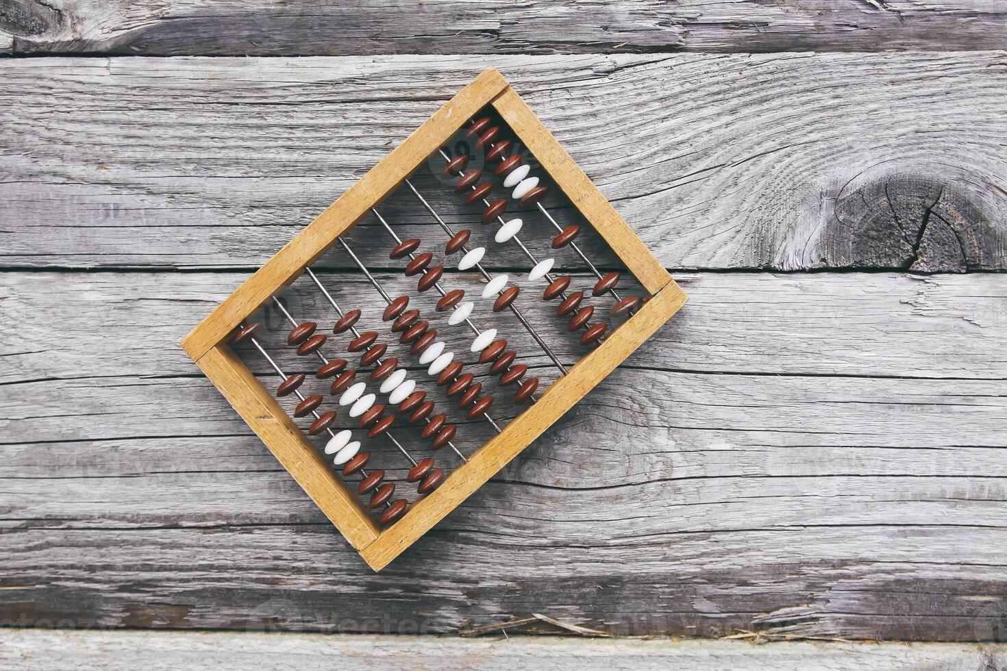 Vintage wooden abacus on old board surface. photo