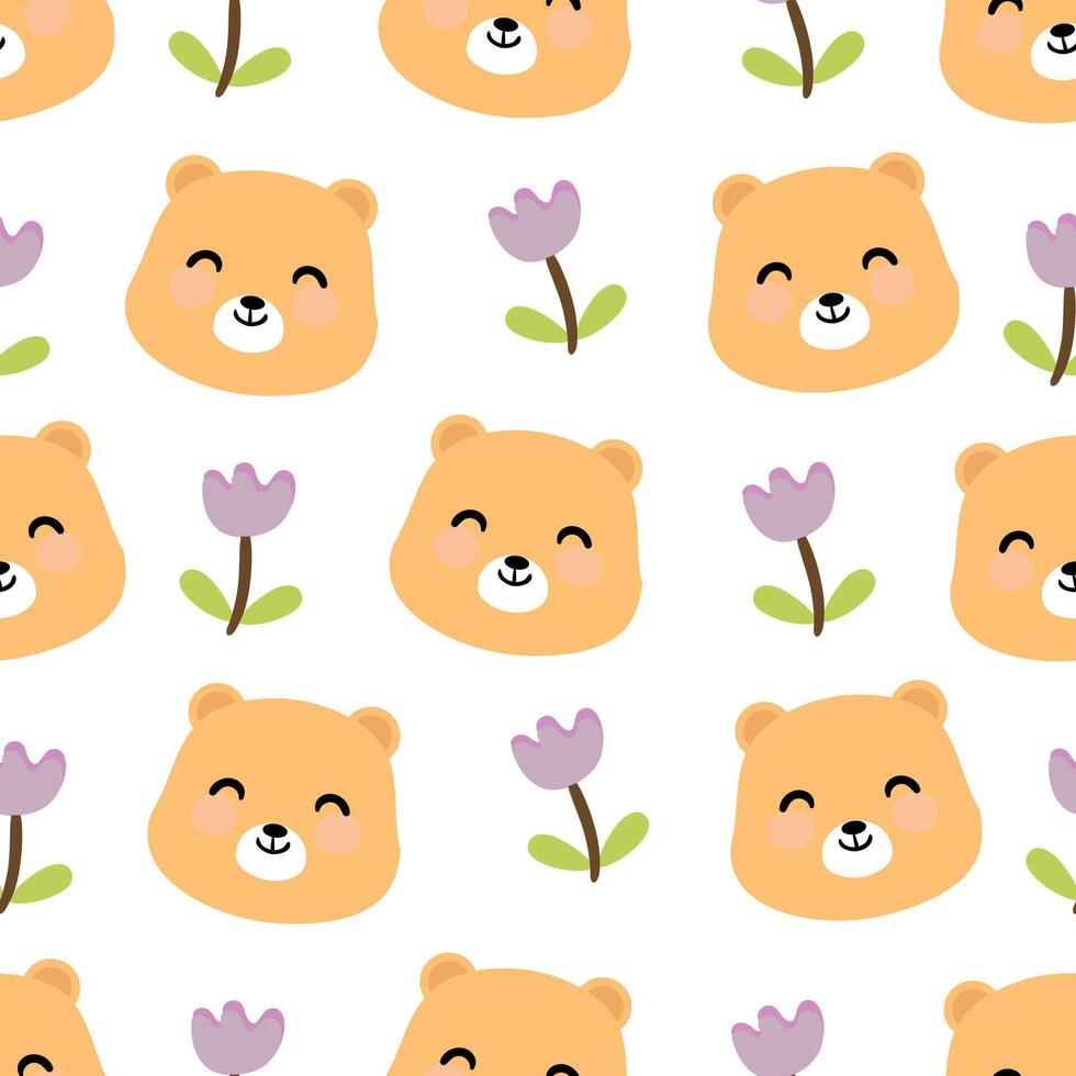 Seamless pattern with cute cartoon bears and tulips for fabric prints, textiles, vector