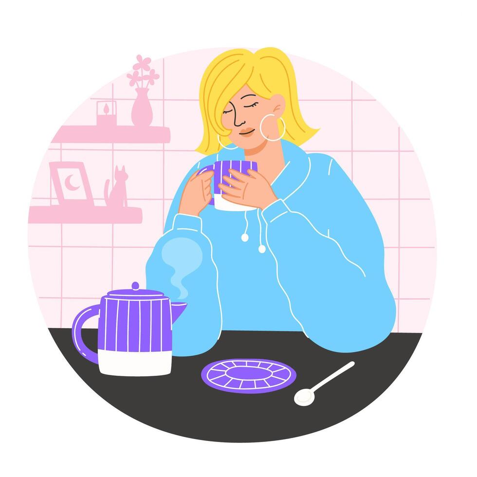 Woman drinking tea in a cozy kitchen vector