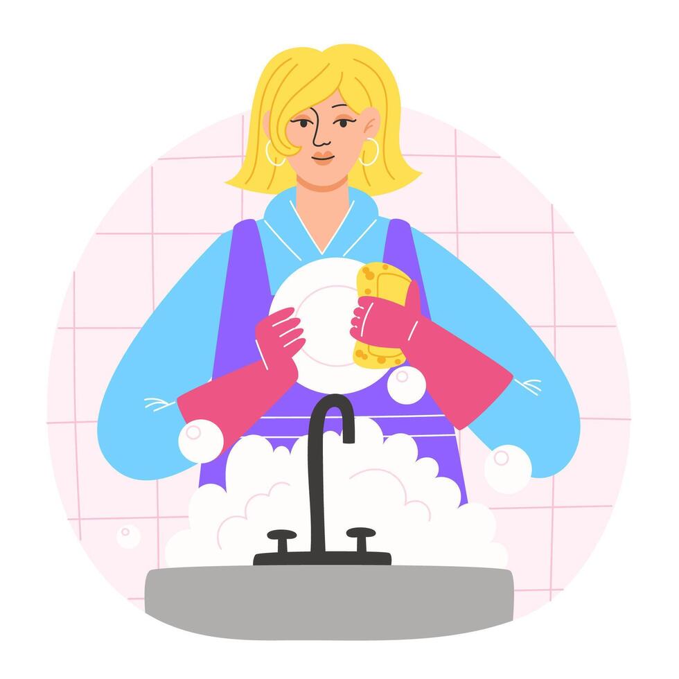 Woman washing dishes in a cozy kitchen vector