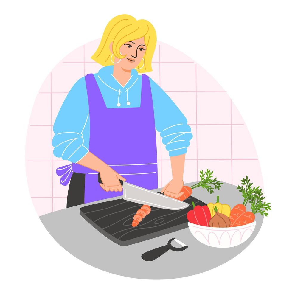 Woman cutting vegetables and preparing food vector