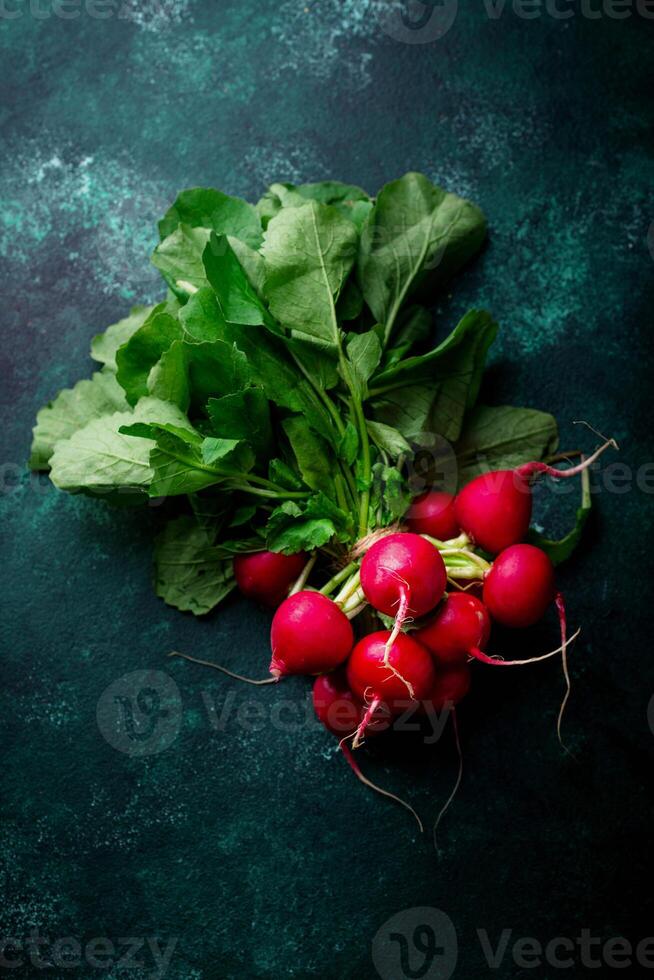 Fresh organic radish on green background photo