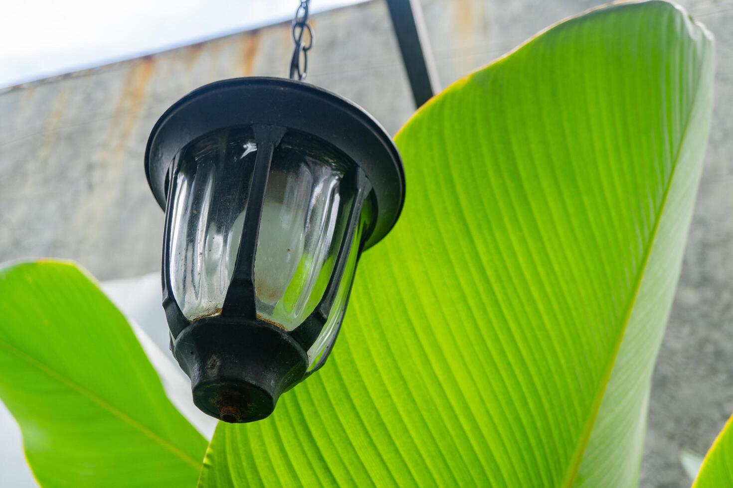 Light bulb hanging on the hand rail cafe restaurant. photo