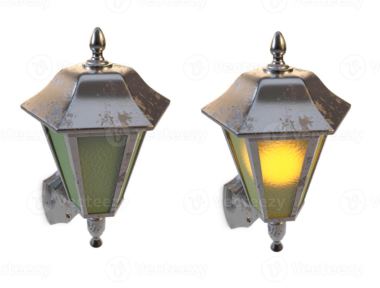 two old iron lamps, with glass, with one light on and one off in the setting photo