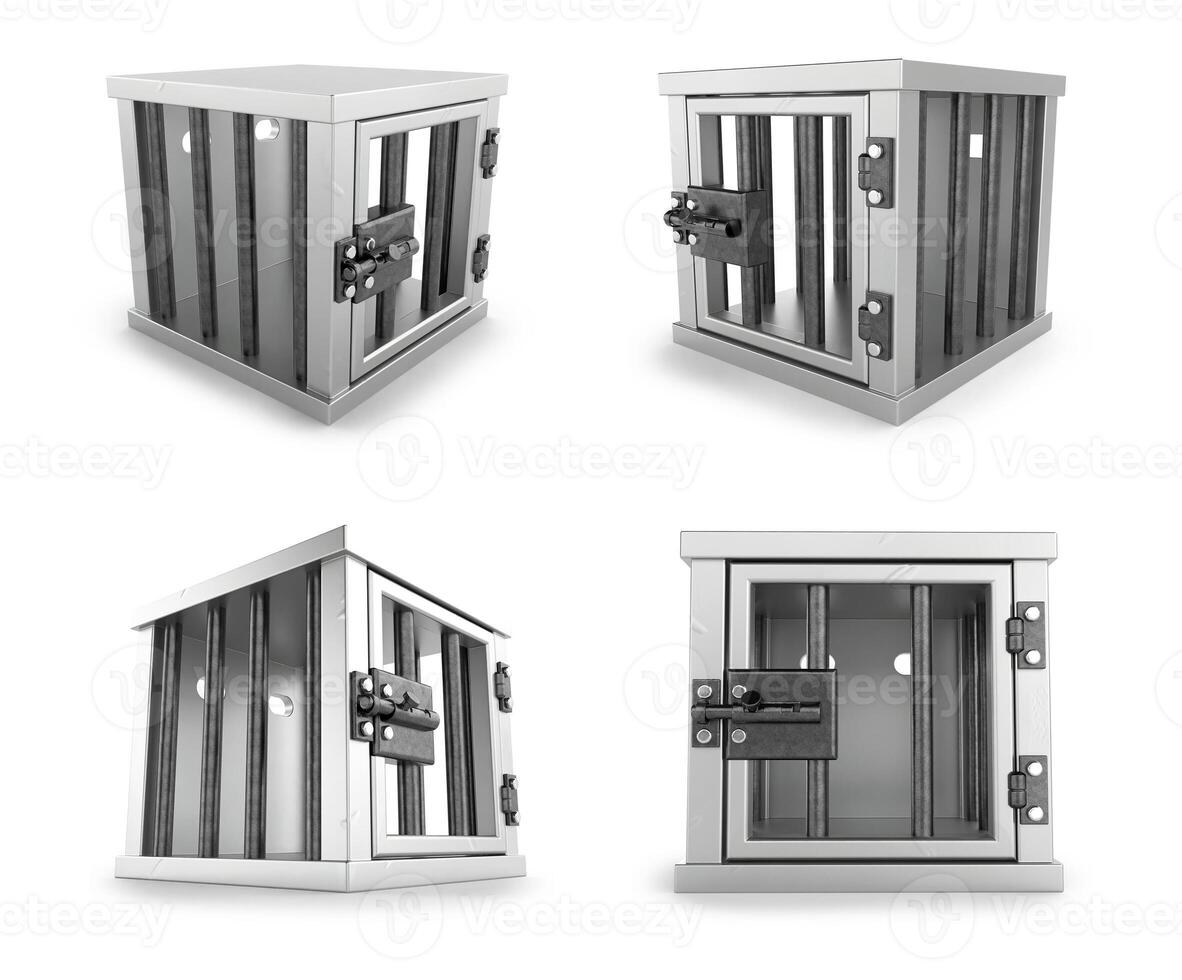 ilustrado mini hierro jaula, con hierro bloquear y seguridad barras, abierto puertas en el escena foto