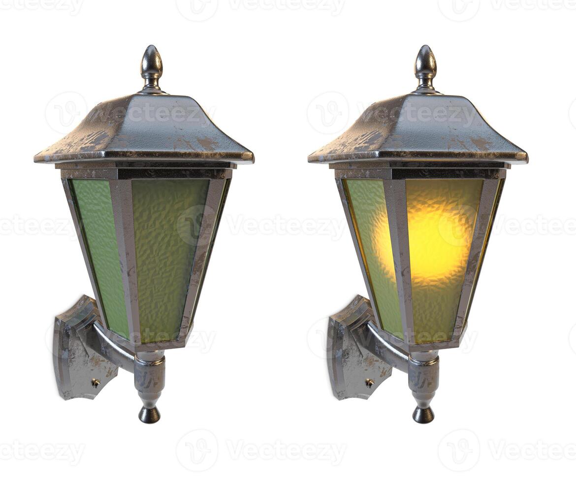 two old iron lamps, with glass, with one light on and one off in the setting photo