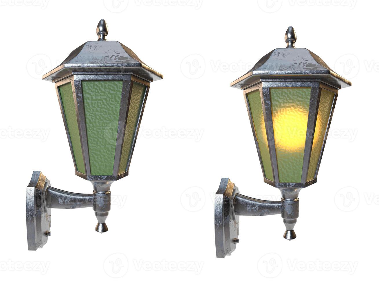 two old iron lamps, with glass, with one light on and one off in the setting photo