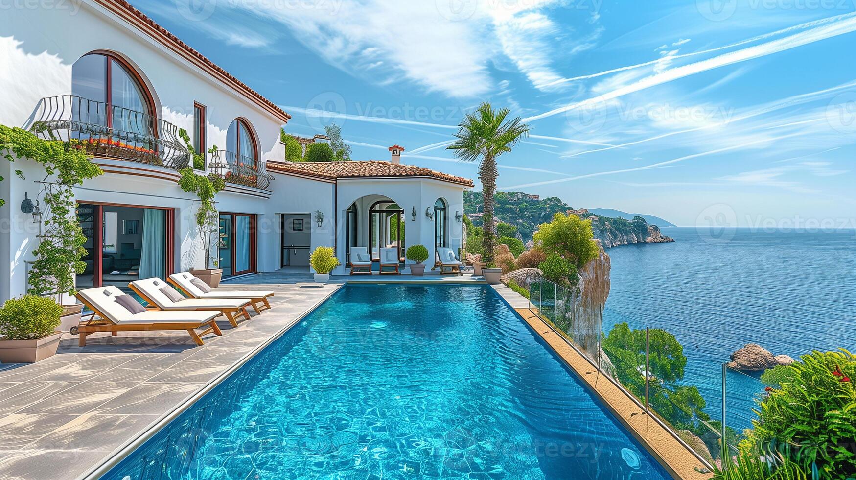 tradicional Mediterráneo blanco casa con nadando piscina en un colina con vista a el mar. antecedentes verano Días festivos foto