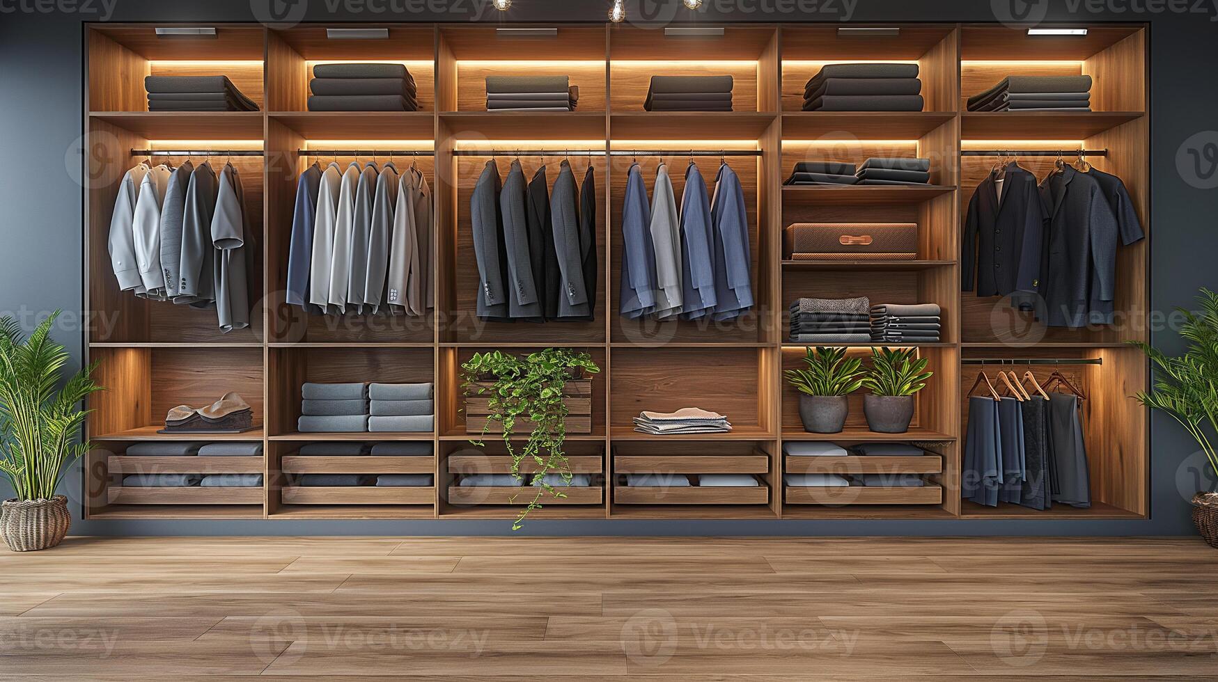 Gray large wardrobe closet with shirts and suits in a minimalist style in a modern interior photo