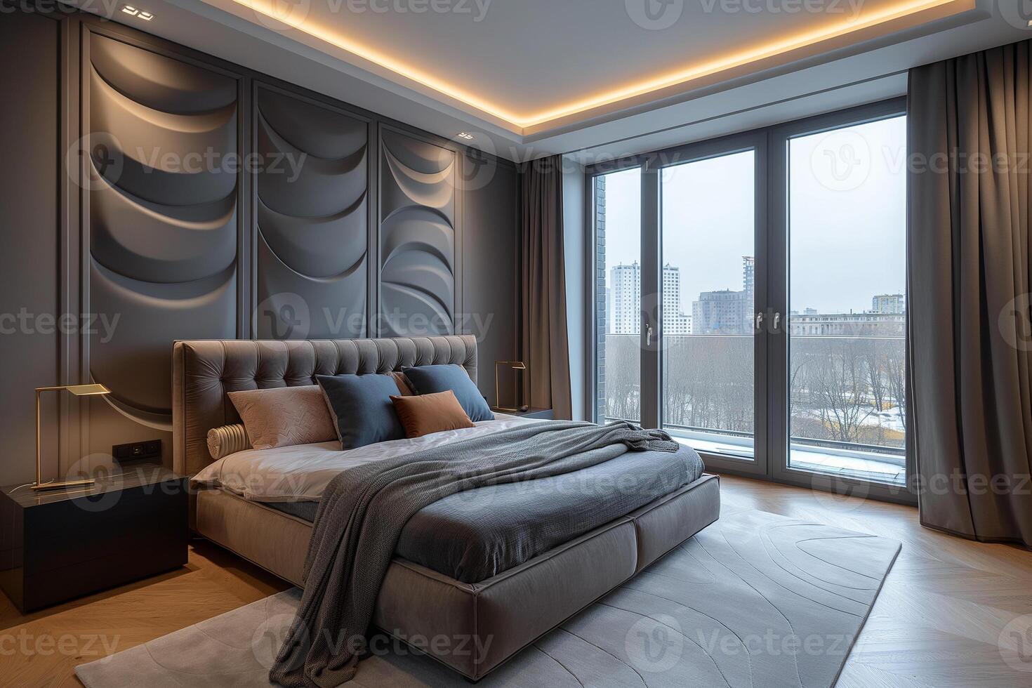 interior design of a modern bedroom in gray tones and subtle lighting photo