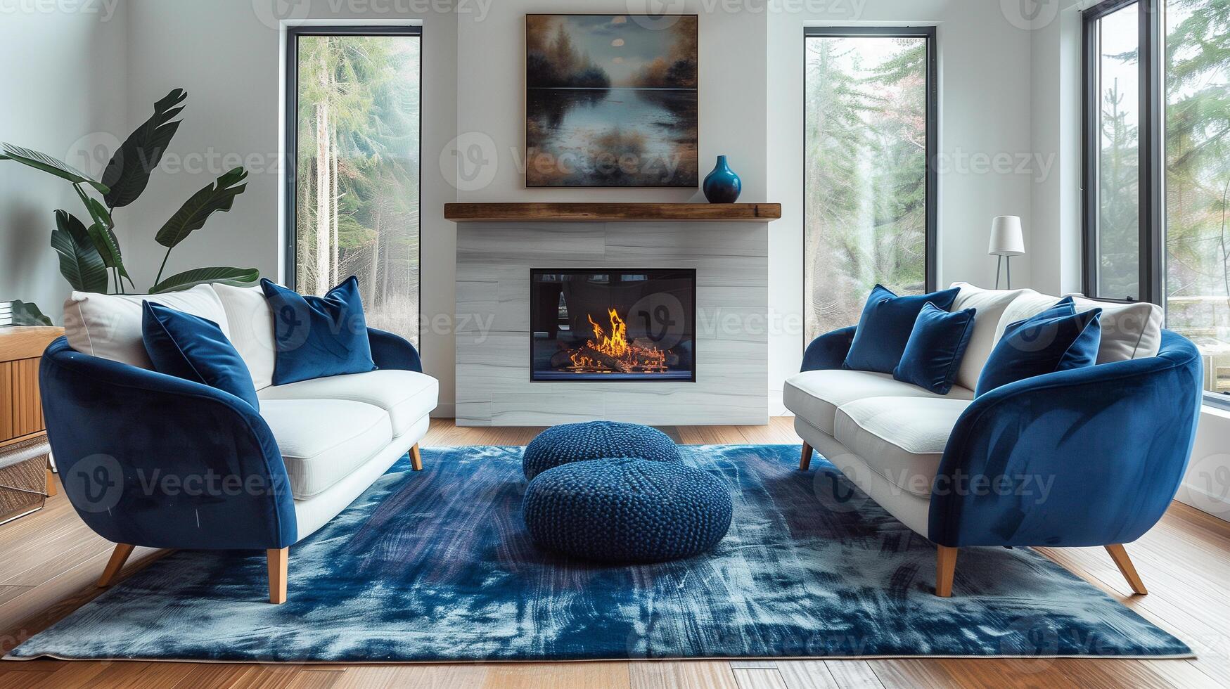 Blue armchairs near a white sofa with blue pillows in a room with a fireplace, minimalist mid-century style living room interior design photo