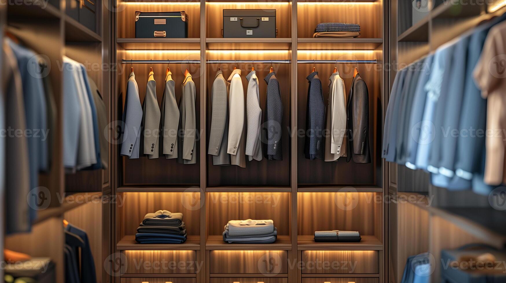 Gray large wardrobe closet with shirts and suits in a minimalist style in a modern interior photo