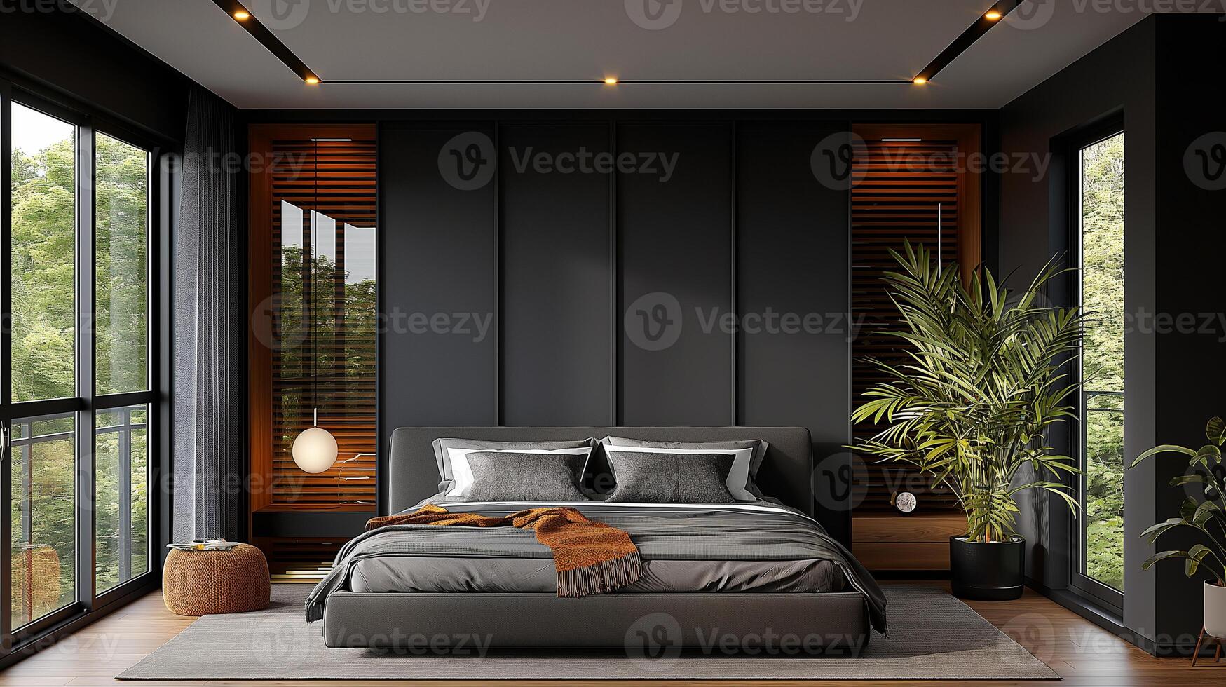 interior design of a modern bedroom in gray tones and subtle lighting photo