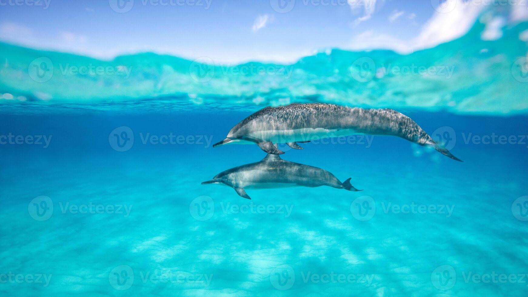 Young curious bottlenose dolphin smiles, playful common tursiops truncatus close-up swimming underwater. Jumping out of water photo