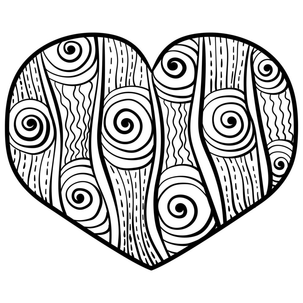 Fantasy valentine heart with vertical striped motifs and spirals, coloring page for creative activity vector