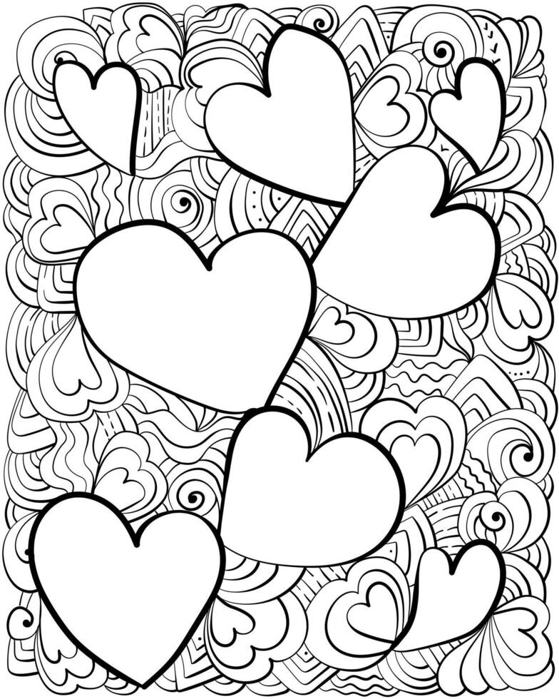 Abstract Valentine's Day coloring page, Fantasy hearts and zen patterns for holiday activity vector