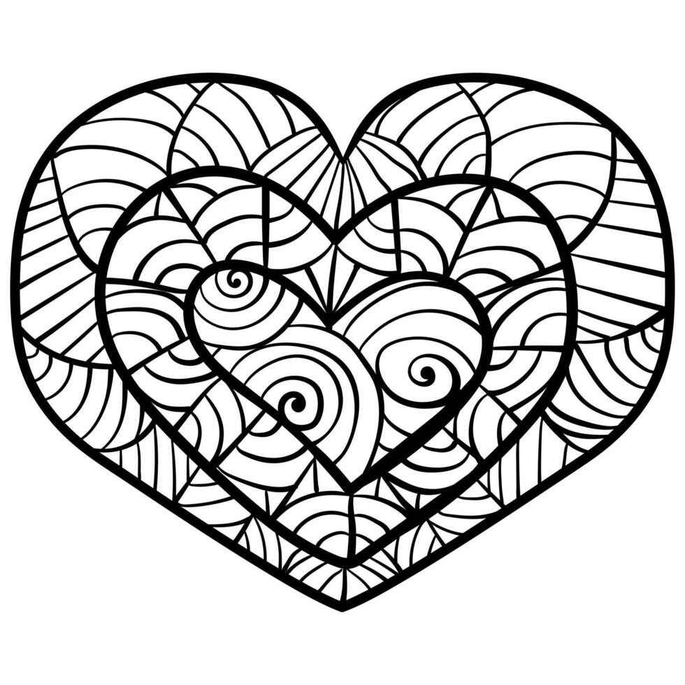 Fantasy zen heart with spiral and striped patterns, doodle coloring page for holiday activity vector