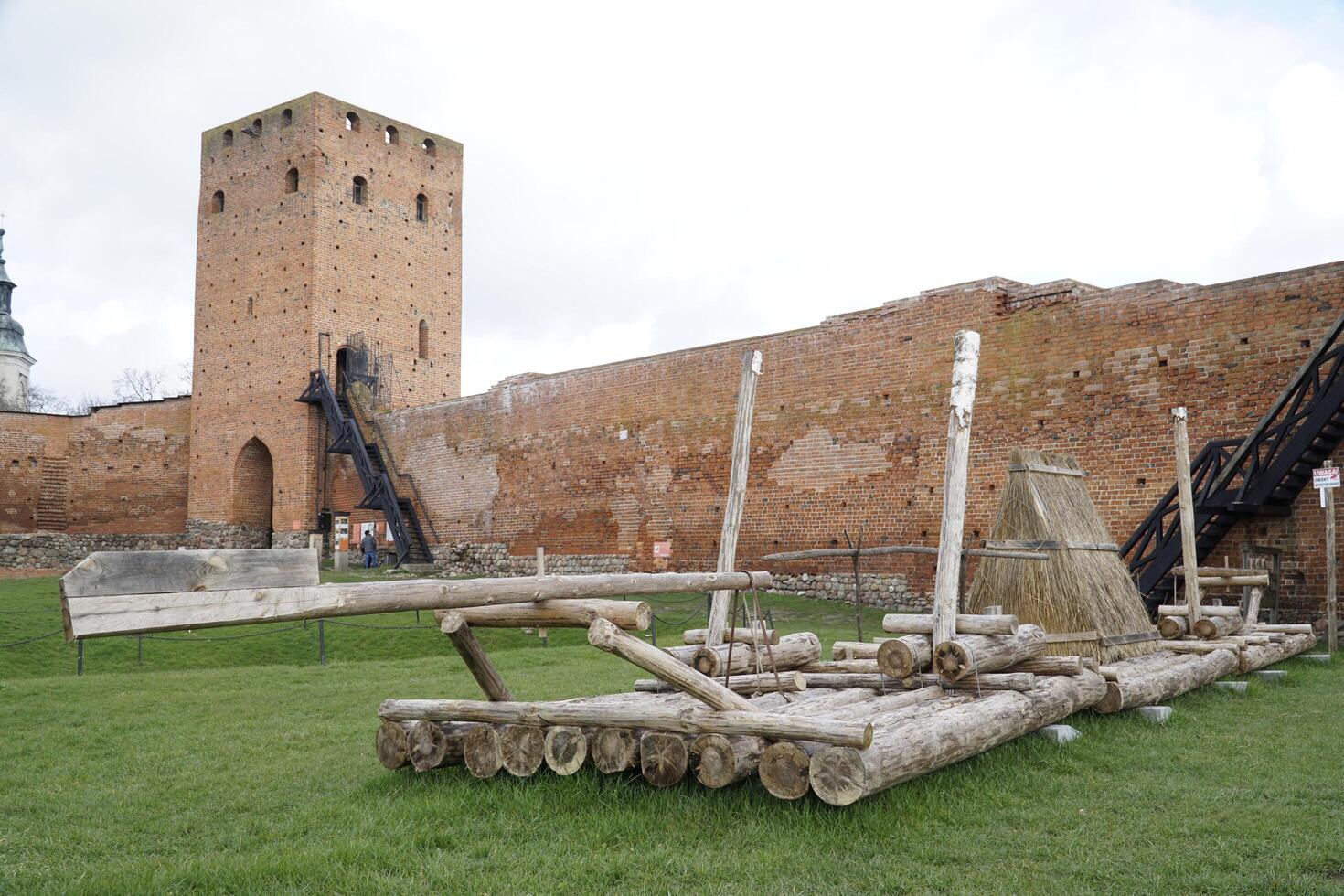 Czersk, Poland - March 24th, 2024 - Wooden raft on courtyard at Masovian Dukes Castle photo