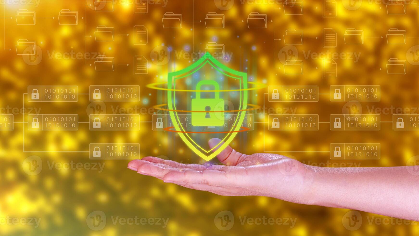 Computer network protection, secure and safe your data concept, businessman holding shield protection icon, Security shield Lock Security Business Protect Concept. photo