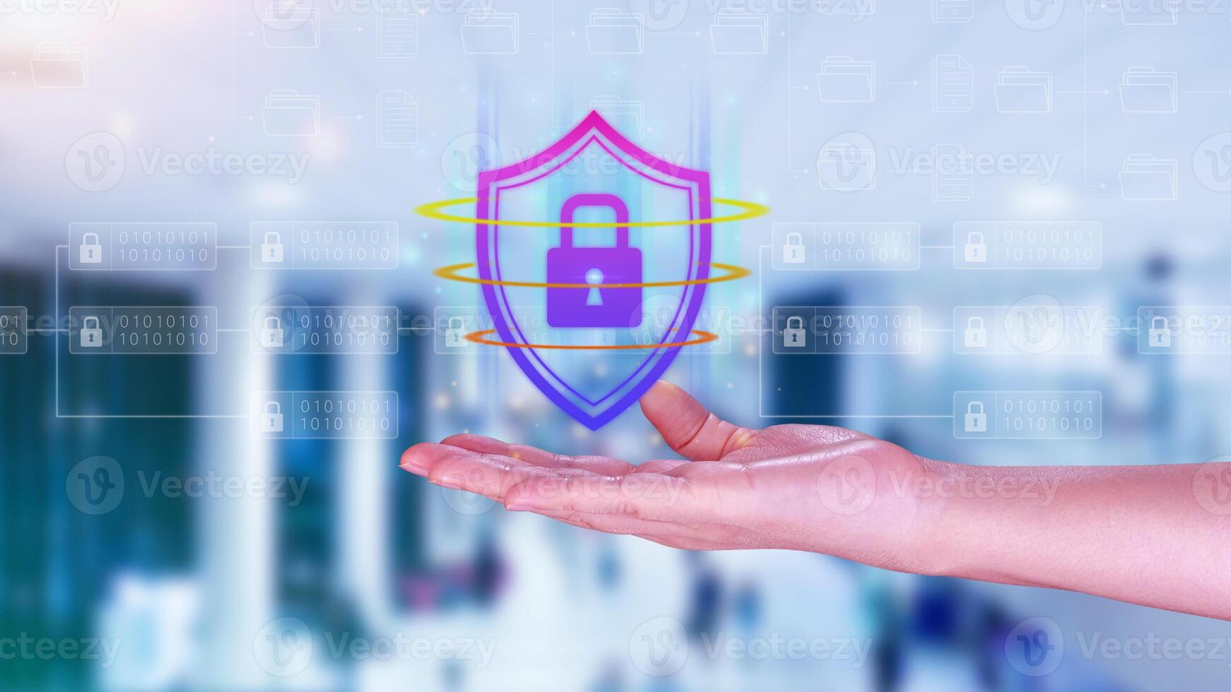 Computer network protection, secure and safe your data concept, businessman holding shield protection icon, Security shield Lock Security Business Protect Concept. photo