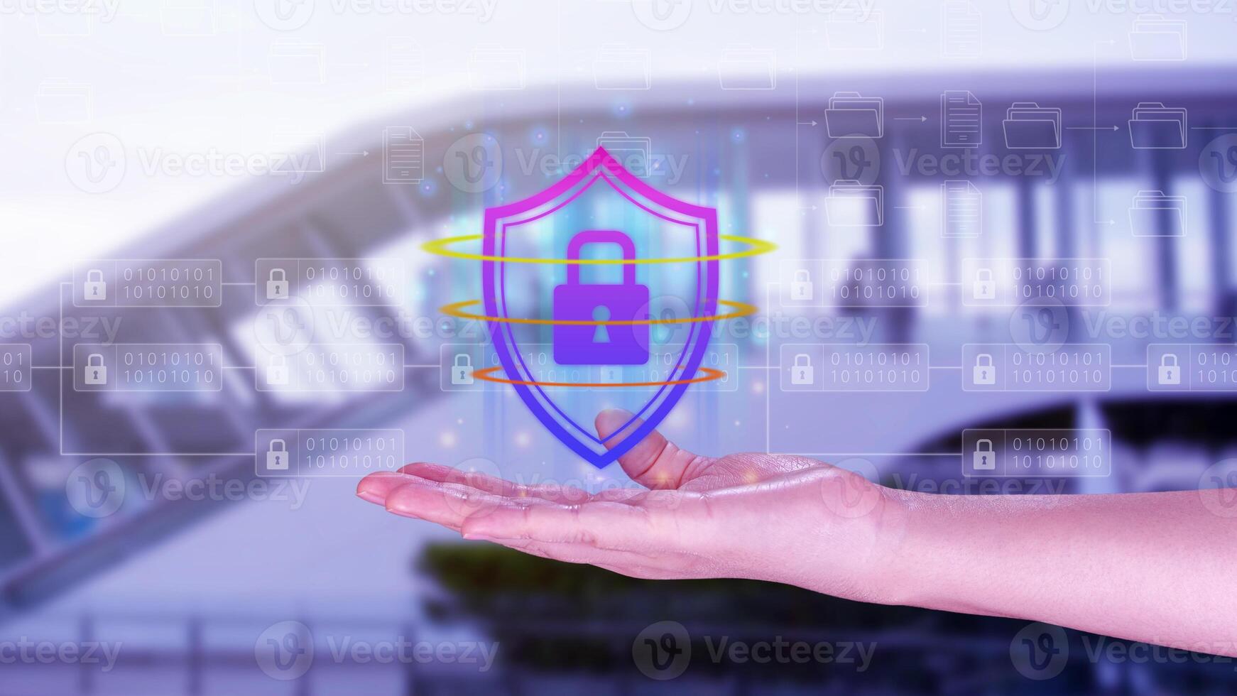 Computer network protection, secure and safe your data concept, businessman holding shield protection icon, Security shield Lock Security Business Protect Concept. photo