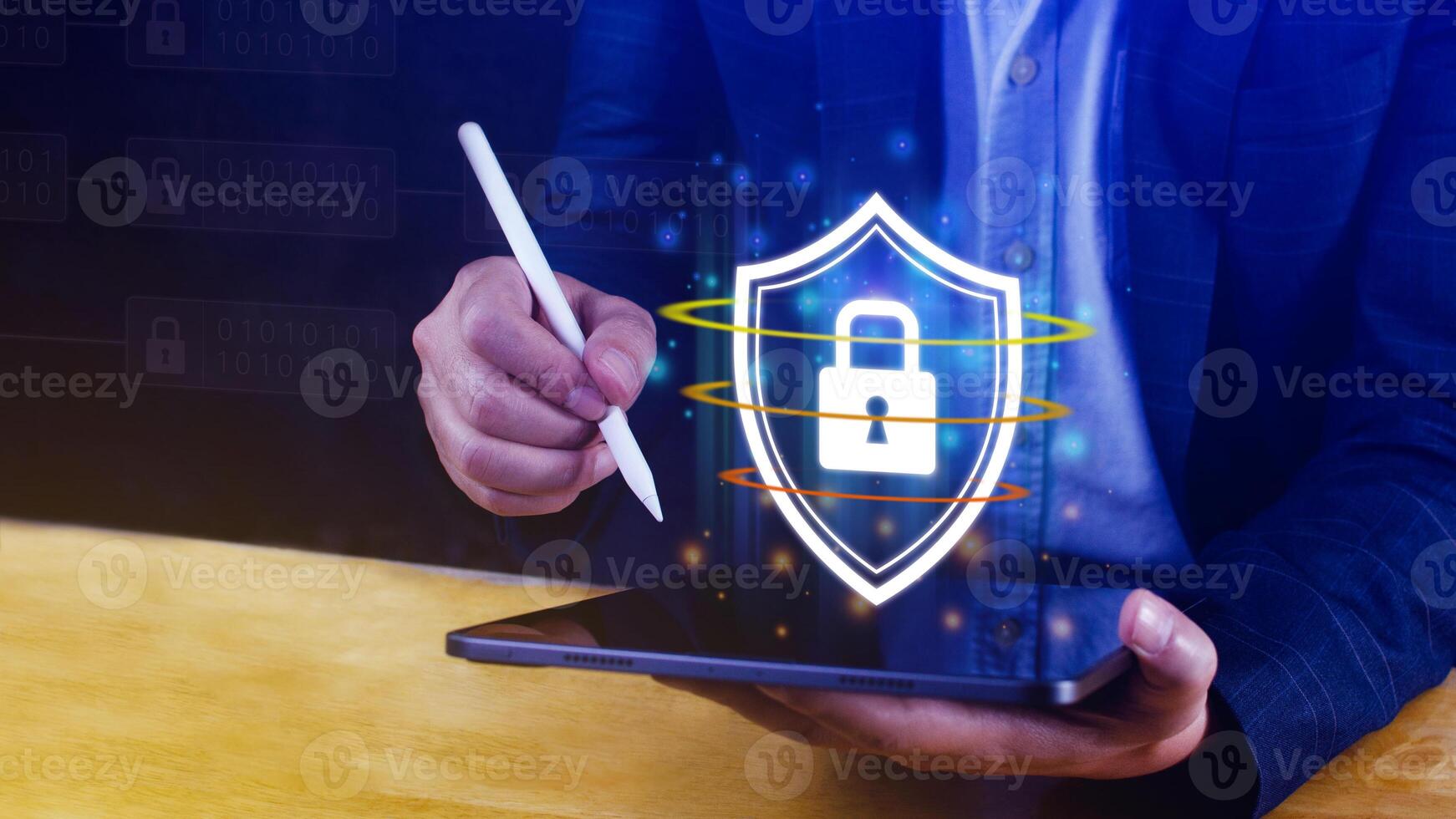 Computer network protection, secure and safe your data concept, businessman holding shield protection icon, Security shield Lock Security Business Protect Concept. photo