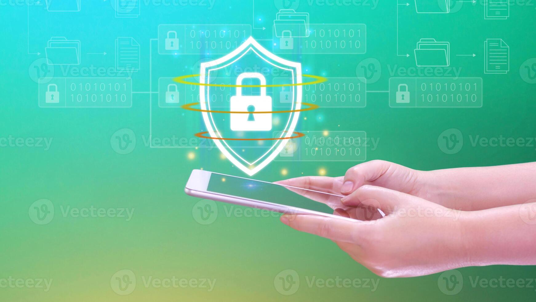 Computer network protection, secure and safe your data concept, businessman holding shield protection icon on smartphone, Security shield Lock Security Business Protect Concept. photo