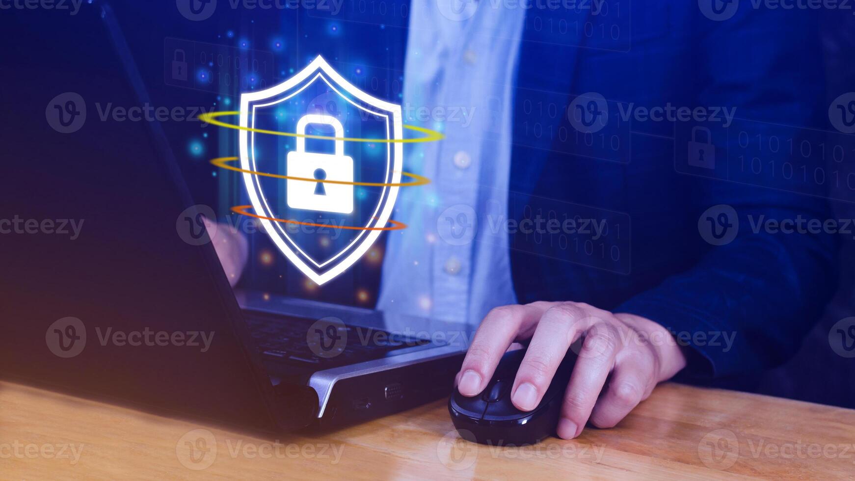 Computer network protection, secure and safe your data concept, businessman holding shield protection icon, Security shield Lock Security Business Protect Concept. photo