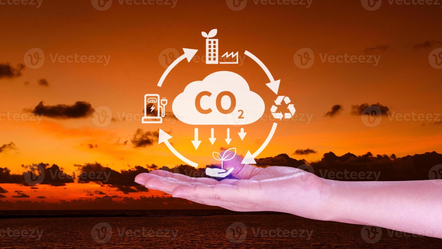 mano participación co2 reduciendo virtual icono para disminución carbón dióxido emisión, carbón huella y carbón crédito a límite global calentamiento desde bio clima cambio concepto. foto