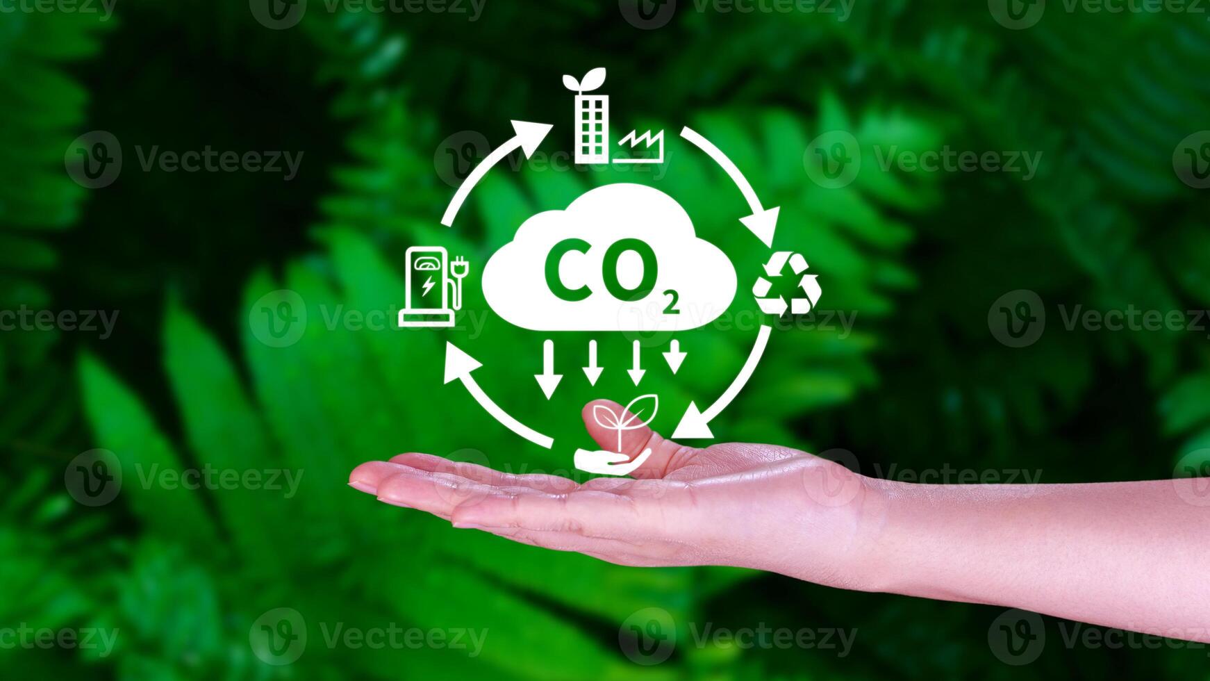 mano participación co2 reduciendo virtual icono para disminución carbón dióxido emisión, carbón huella y carbón crédito a límite global calentamiento desde bio clima cambio concepto. foto