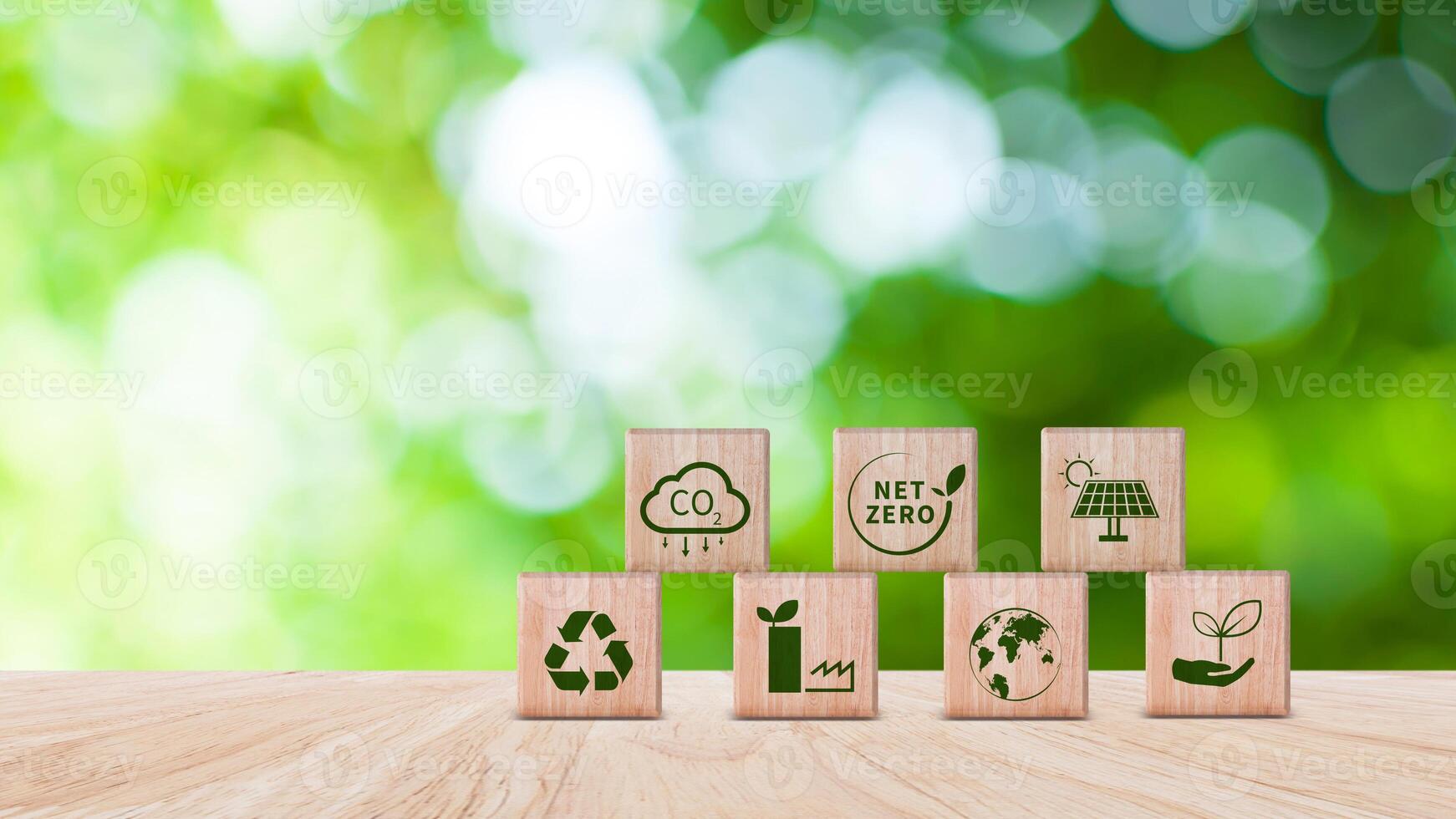 Net Zero and Carbon Neutral Concepts, Net zero greenhouse gas emissions target, Climate neutral long strategy. Wooden cubes with NetZero icon. photo