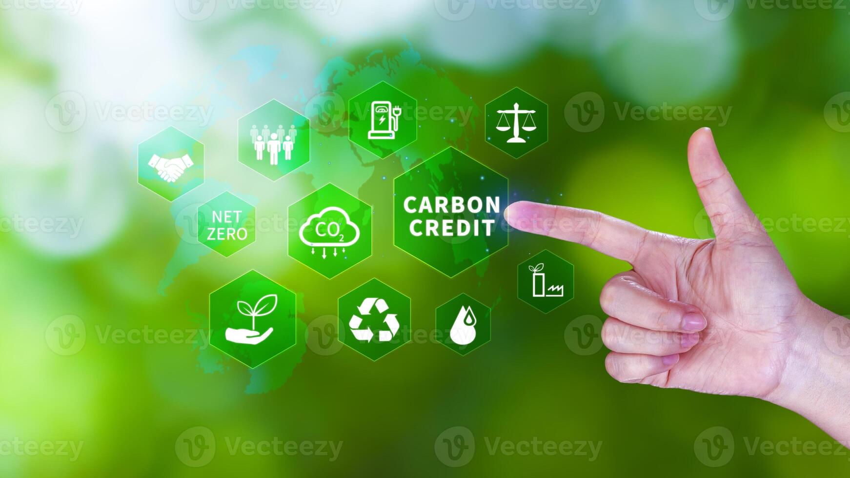 Green energy, Carbon credit market concept, Businessman pointing Carbon credit icon, Net zero, Green energy icon. Carbon Neutral in industry Net zero emission eco energy. photo