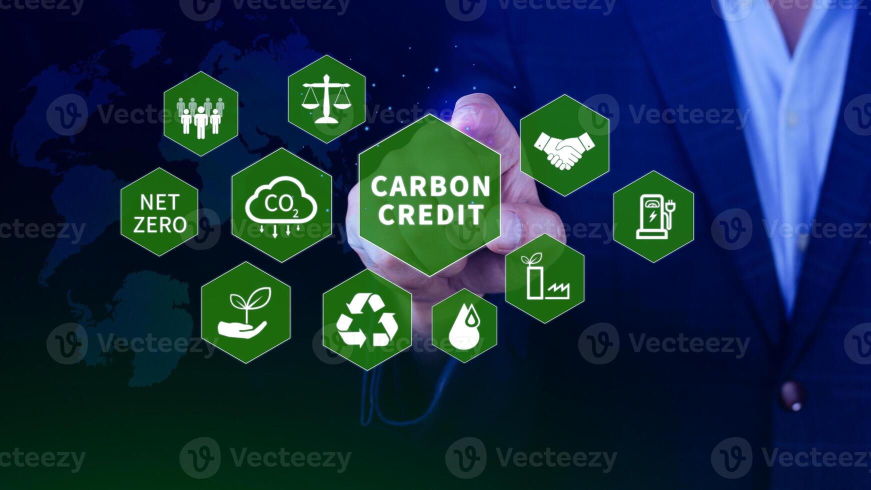 Green energy, Carbon credit market concept, Businessman pointing Carbon credit icon, Net zero, Green energy icon. Carbon Neutral in industry Net zero emission eco energy. photo