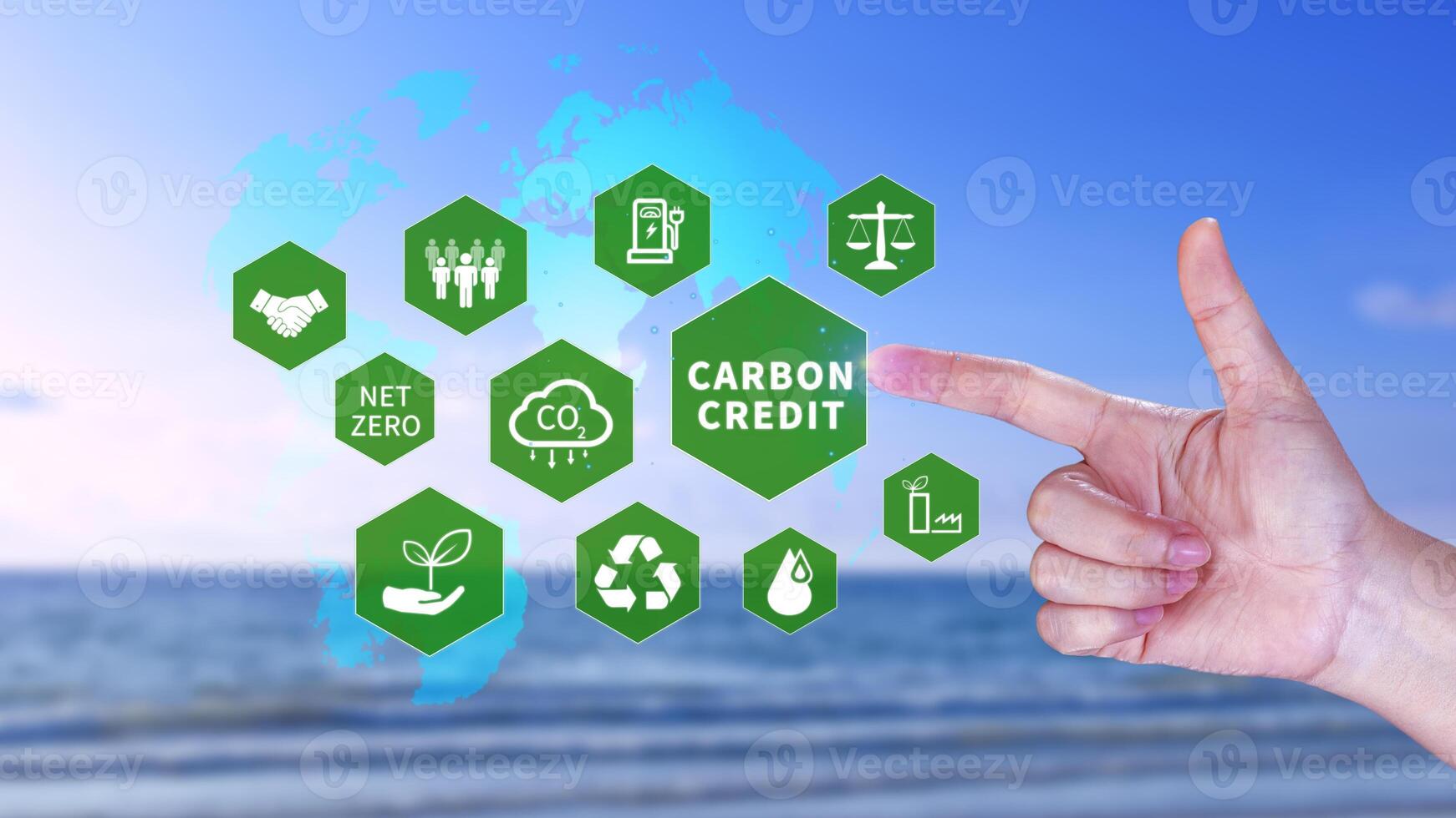 Green energy, Carbon credit market concept, Businessman pointing Carbon credit icon, Net zero, Green energy icon. Carbon Neutral in industry Net zero emission eco energy. photo