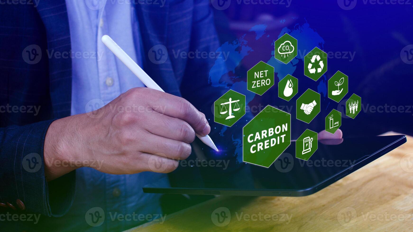 Green energy, Carbon credit market concept, Businessman pointing Carbon credit icon, Net zero, Green energy icon. Carbon Neutral in industry Net zero emission eco energy. photo