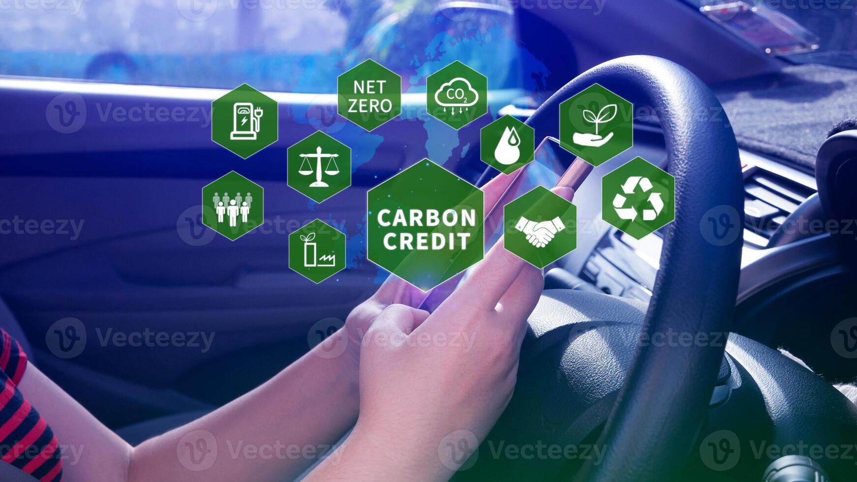 Carbon credit concept, Trader using smartphone to trade carbon credit on application, carbon etf to invest in sustainable business, green climate funds investment, Net zero emission, Clean technology. photo