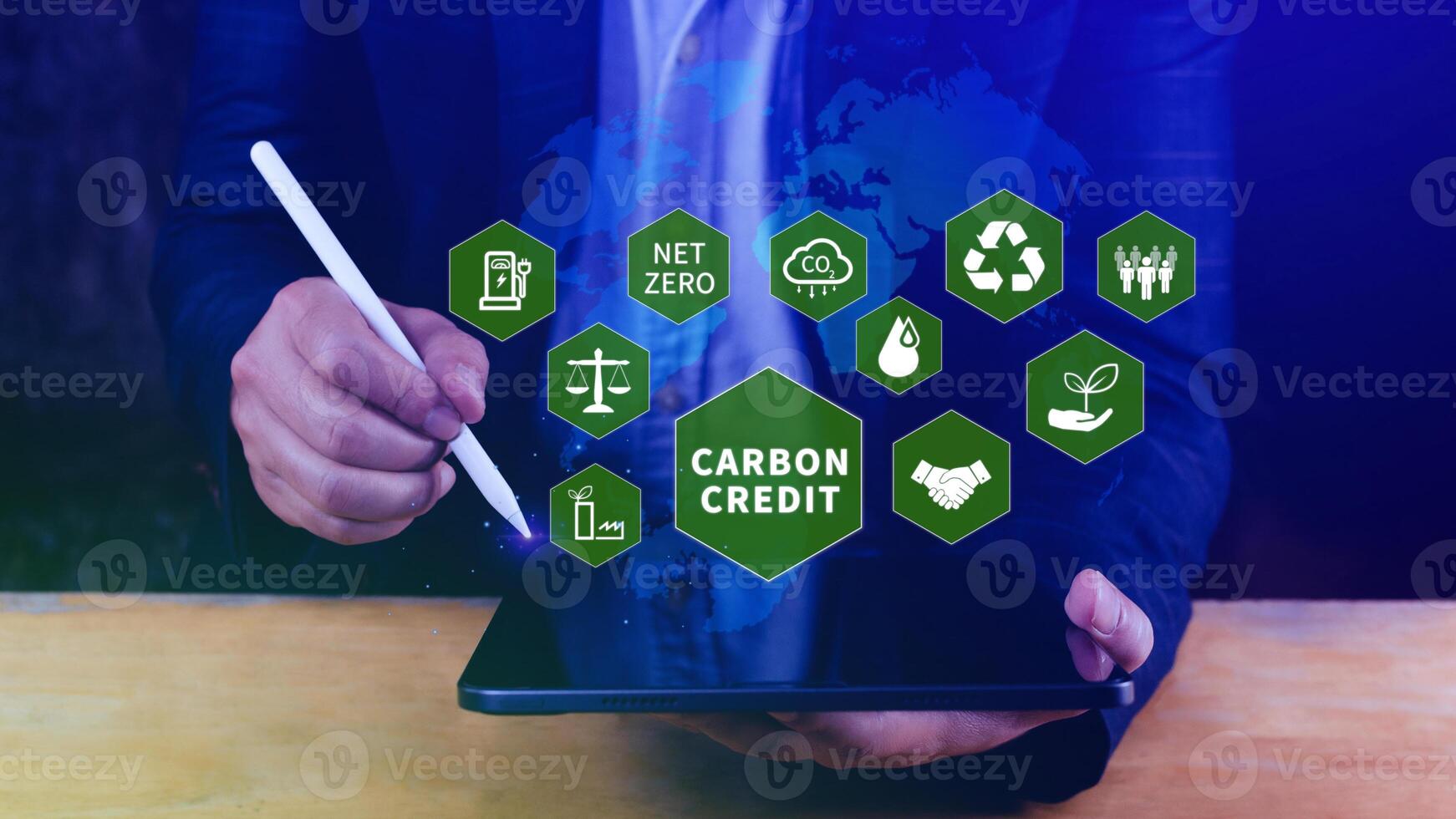 Green energy, Carbon credit market concept, Businessman pointing Carbon credit icon, Net zero, Green energy icon. Carbon Neutral in industry Net zero emission eco energy. photo