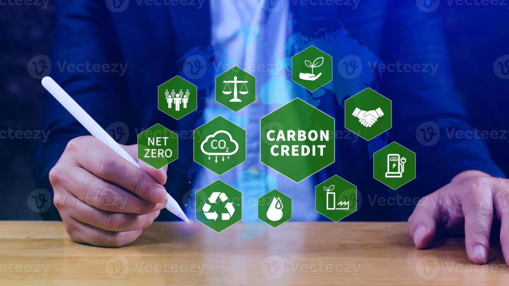 Green energy, Carbon credit market concept, Businessman pointing Carbon credit icon, Net zero, Green energy icon. Carbon Neutral in industry Net zero emission eco energy. photo