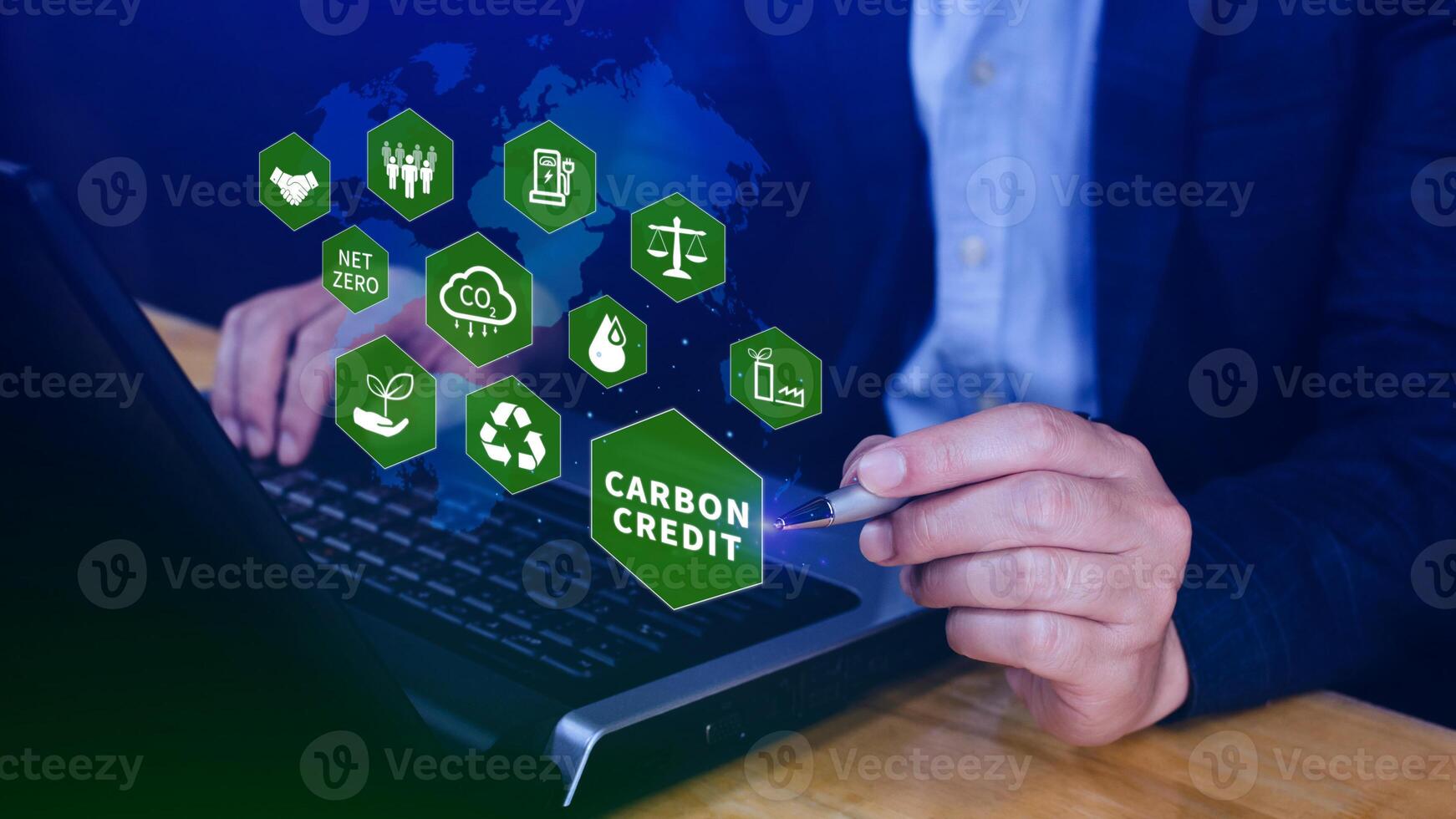 Green energy, Carbon credit market concept, Businessman pointing Carbon credit icon, Net zero, Green energy icon. Carbon Neutral in industry Net zero emission eco energy. photo