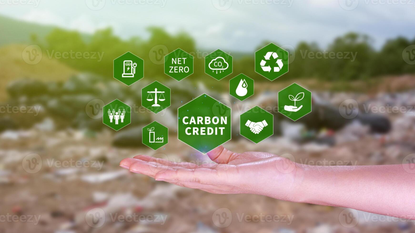 Green energy, Carbon credit market concept, Businessman holding Carbon credit icon, Net zero, Green energy icon. Carbon Neutral in industry Net zero emission eco energy. photo