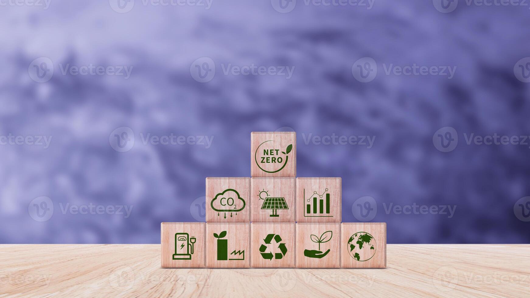 Net Zero and Carbon Neutral Concepts, Net zero greenhouse gas emissions target, Climate neutral long strategy. Wooden cubes with NetZero icon. photo