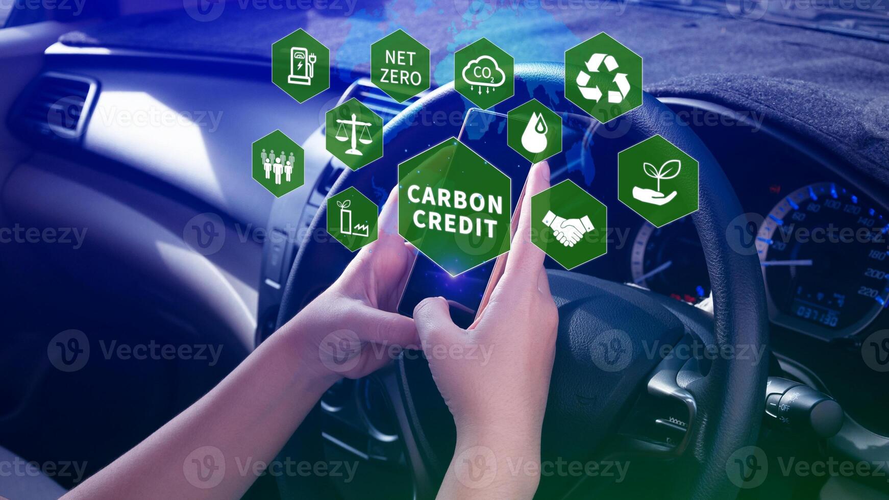 Carbon credit concept, Trader using smartphone to trade carbon credit on application, carbon etf to invest in sustainable business, green climate funds investment, Net zero emission, Clean technology. photo