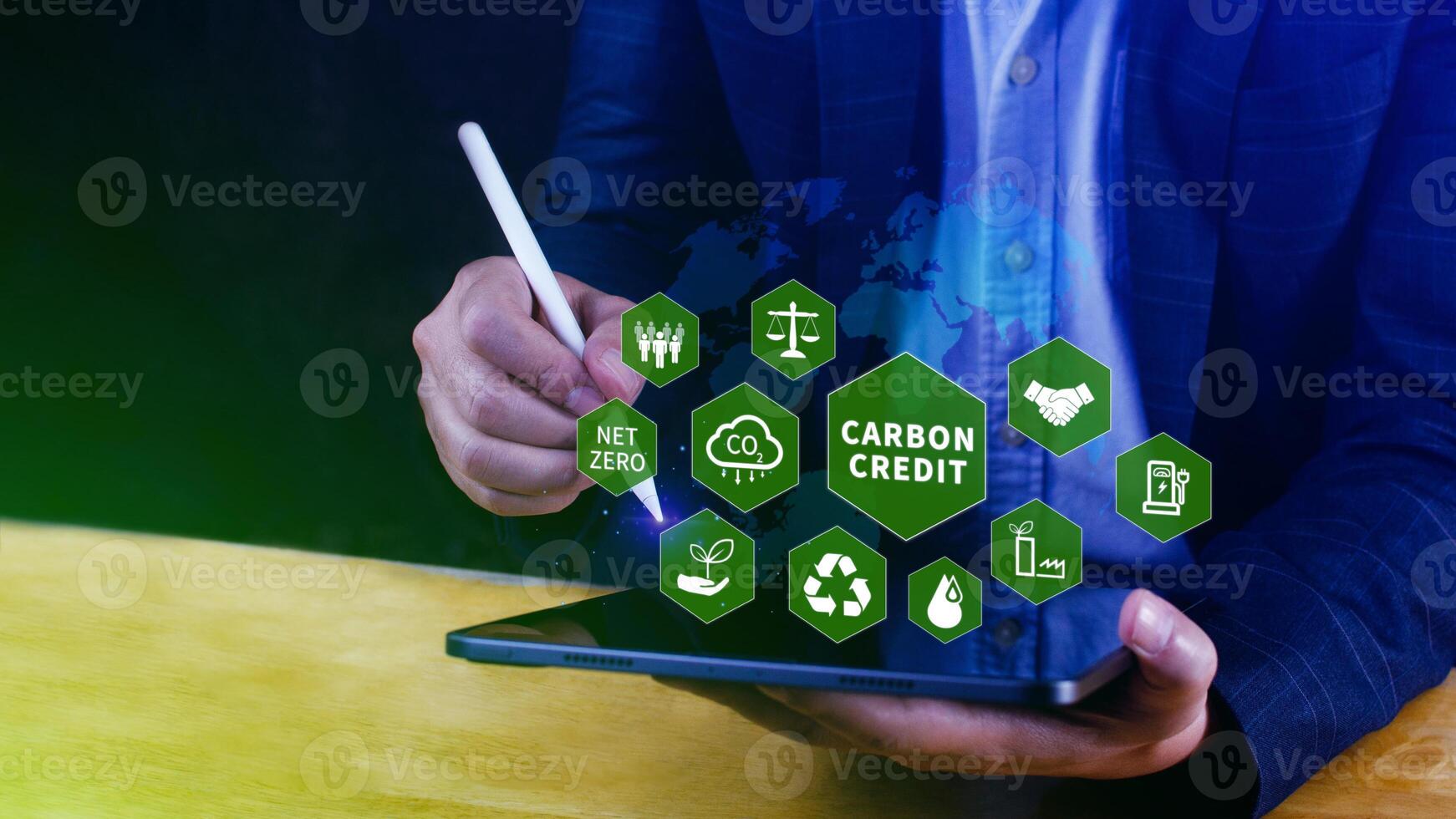 Green energy, Carbon credit market concept, Businessman pointing Carbon credit icon, Net zero, Green energy icon. Carbon Neutral in industry Net zero emission eco energy. photo