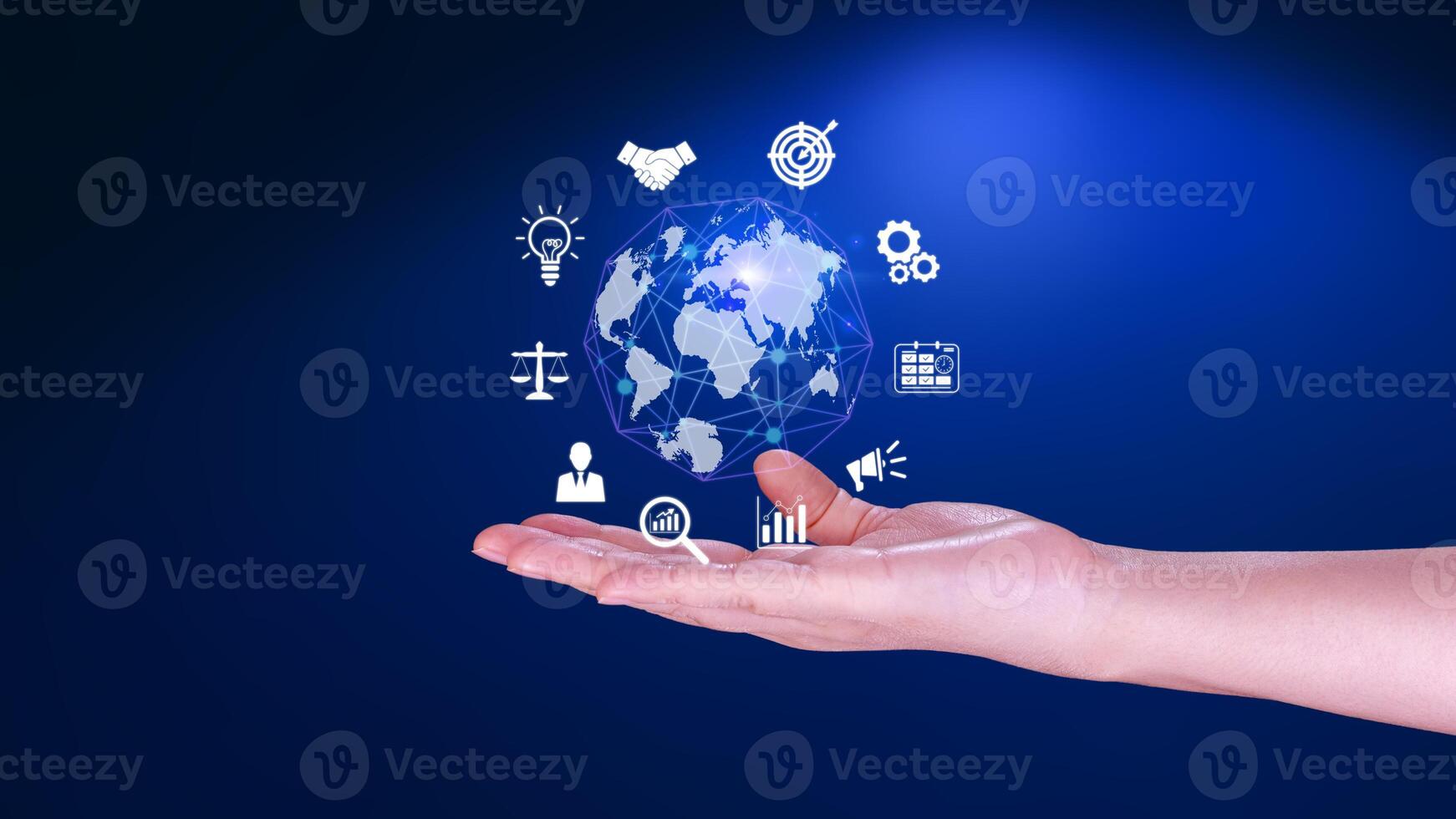 Hand holding virtual Global Internet connection metaverse, Business global internet connection application technology and digital marketing, Financial and banking, Digital link tech, big data. photo