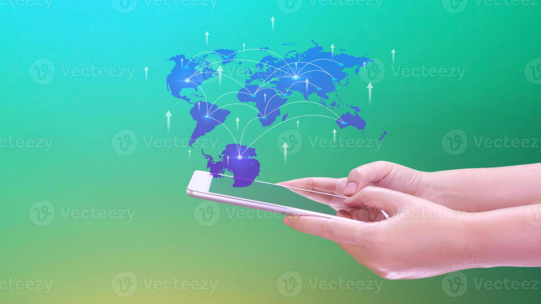 Global business, E-commerce, online marketing concept, Businessman using digital tablet touching on virtual screen with world map on business market place. photo