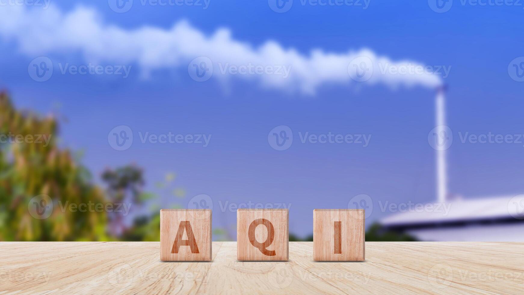 AQI, Abbreviation of air quality index word written on wooden blocks. text AQI on nature background, environment concept. photo