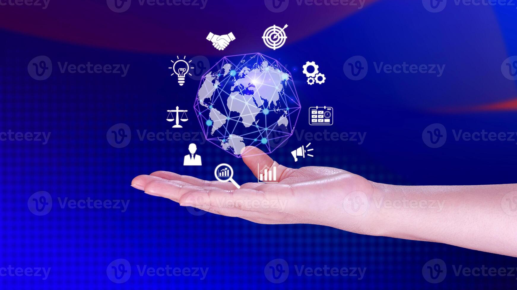 Hand holding virtual Global Internet connection metaverse, Business global internet connection application technology and digital marketing, Financial and banking, Digital link tech, big data. photo